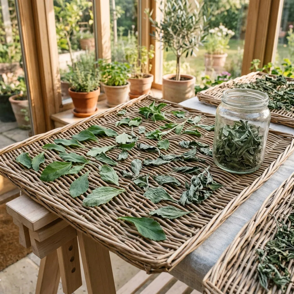 Feuilles de stévia mises à sécher sur une claie d'osier en véranda