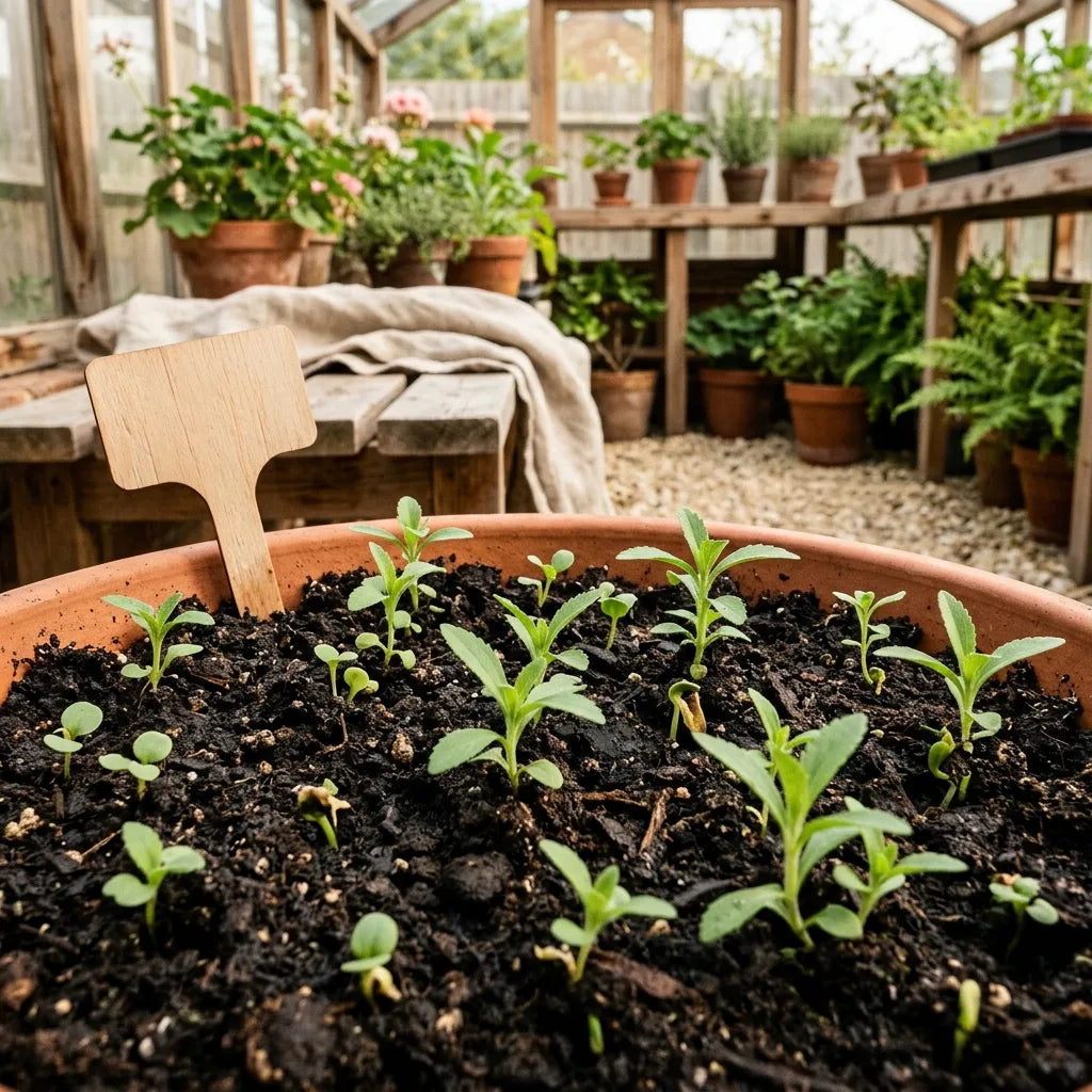 Jeunes plantules de stévia en terrine de semis sous serre