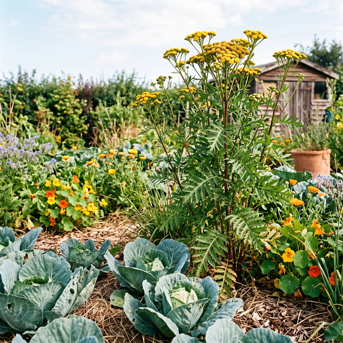 Tanaisies en bordure d'un potager en permaculture — SemiSauvage