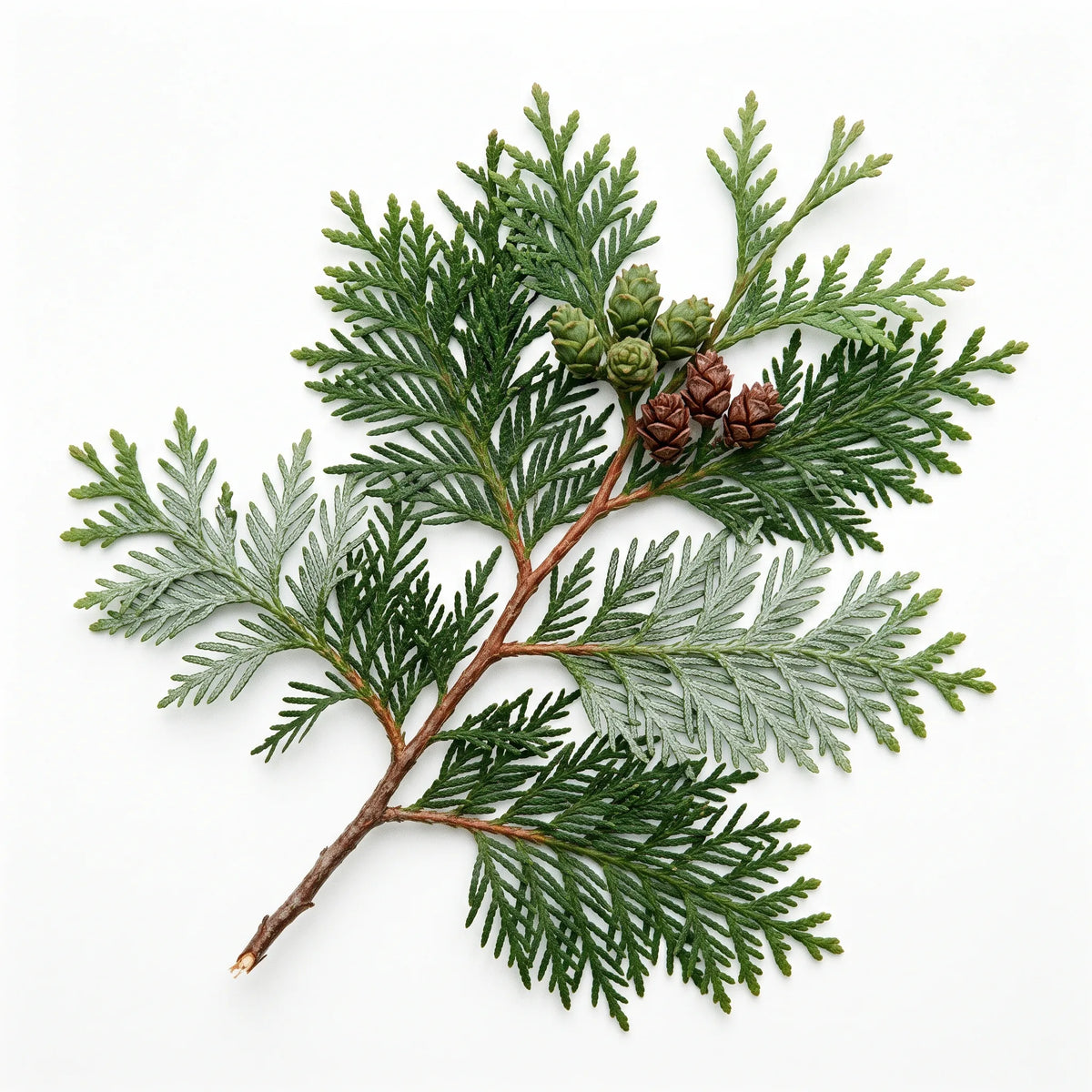 白色背景上的巨崖柏(Thuja plicata)枝条,带有鳞片、X 形斑纹和小球果
