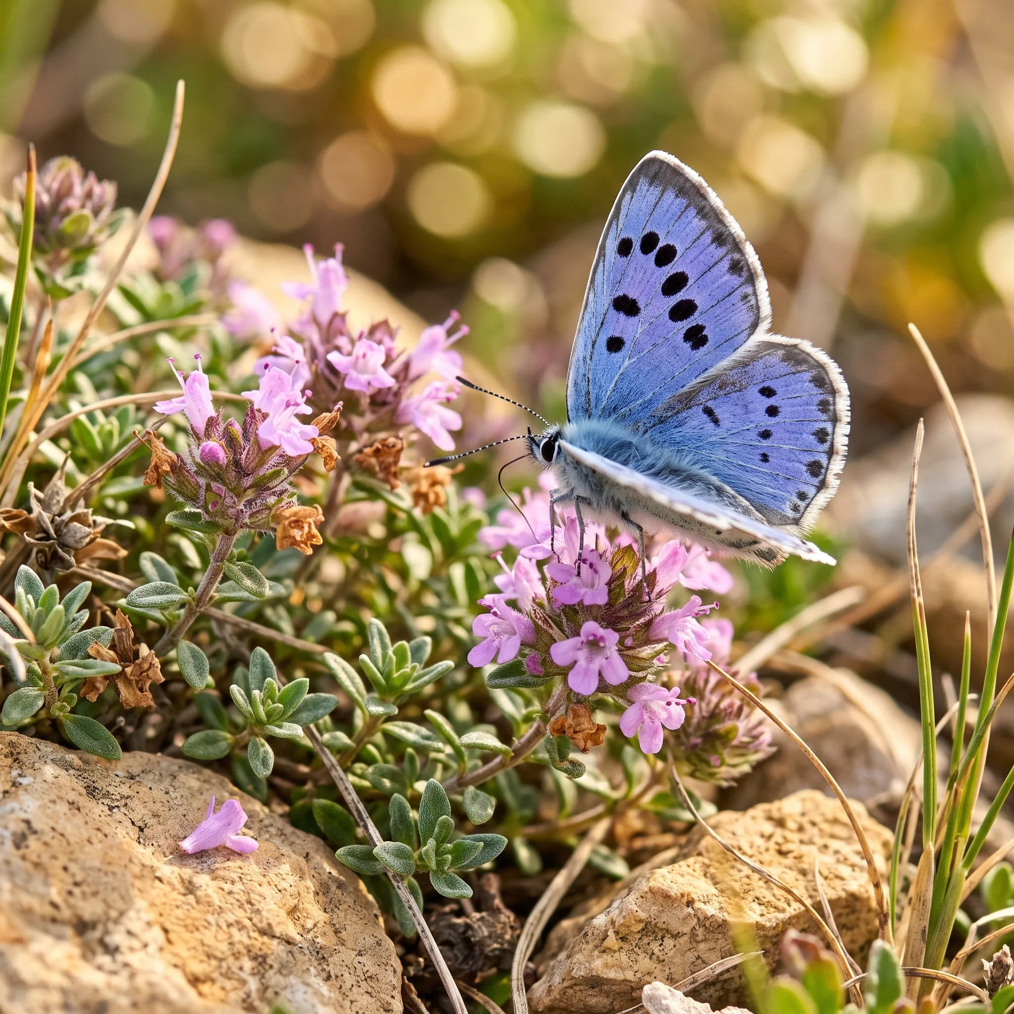 Fleurs de thym visitées par un azuré du serpolet, papillon dont il est la plante hôte