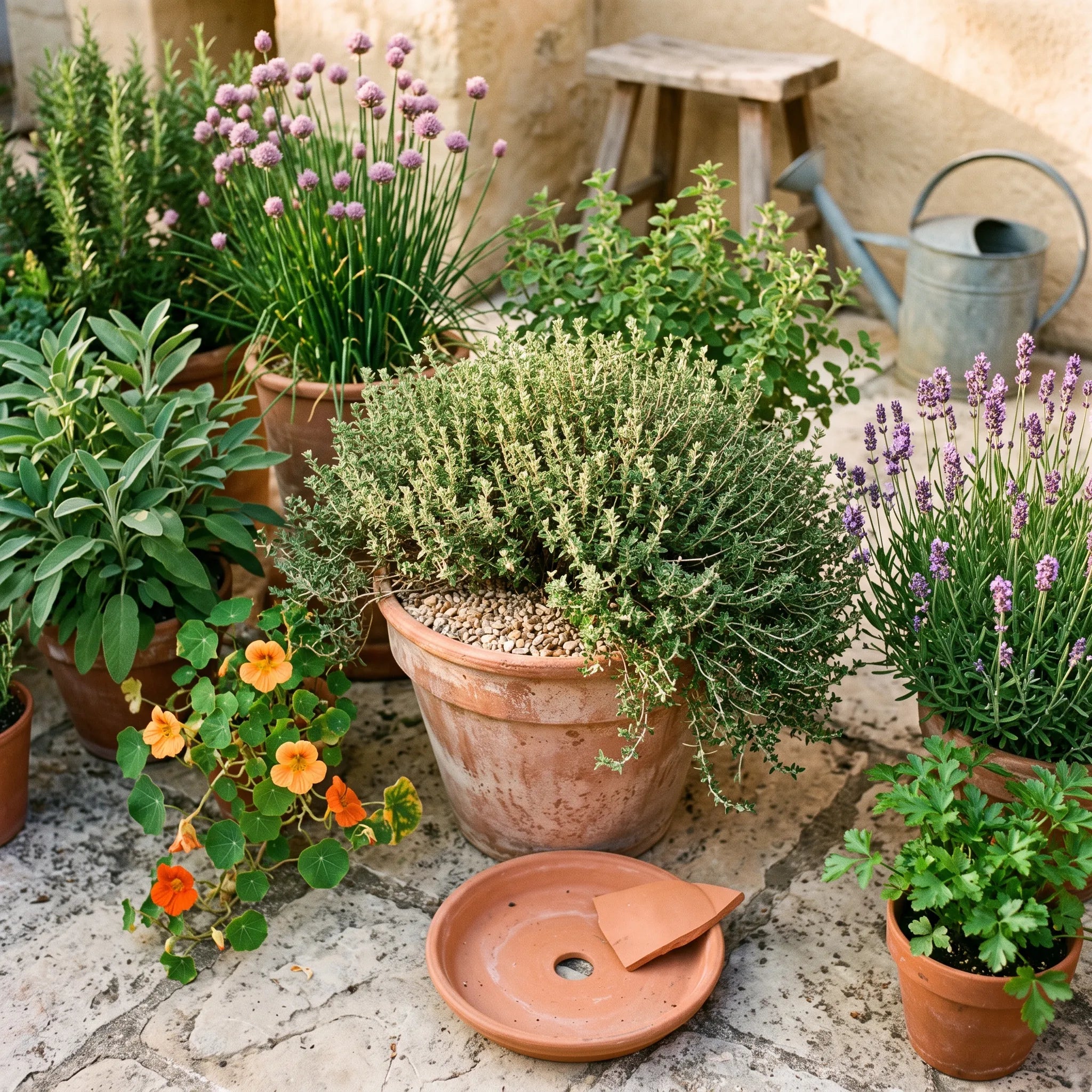 Thym cultivé en grand pot drainé sur une terrasse, entouré d'aromatiques