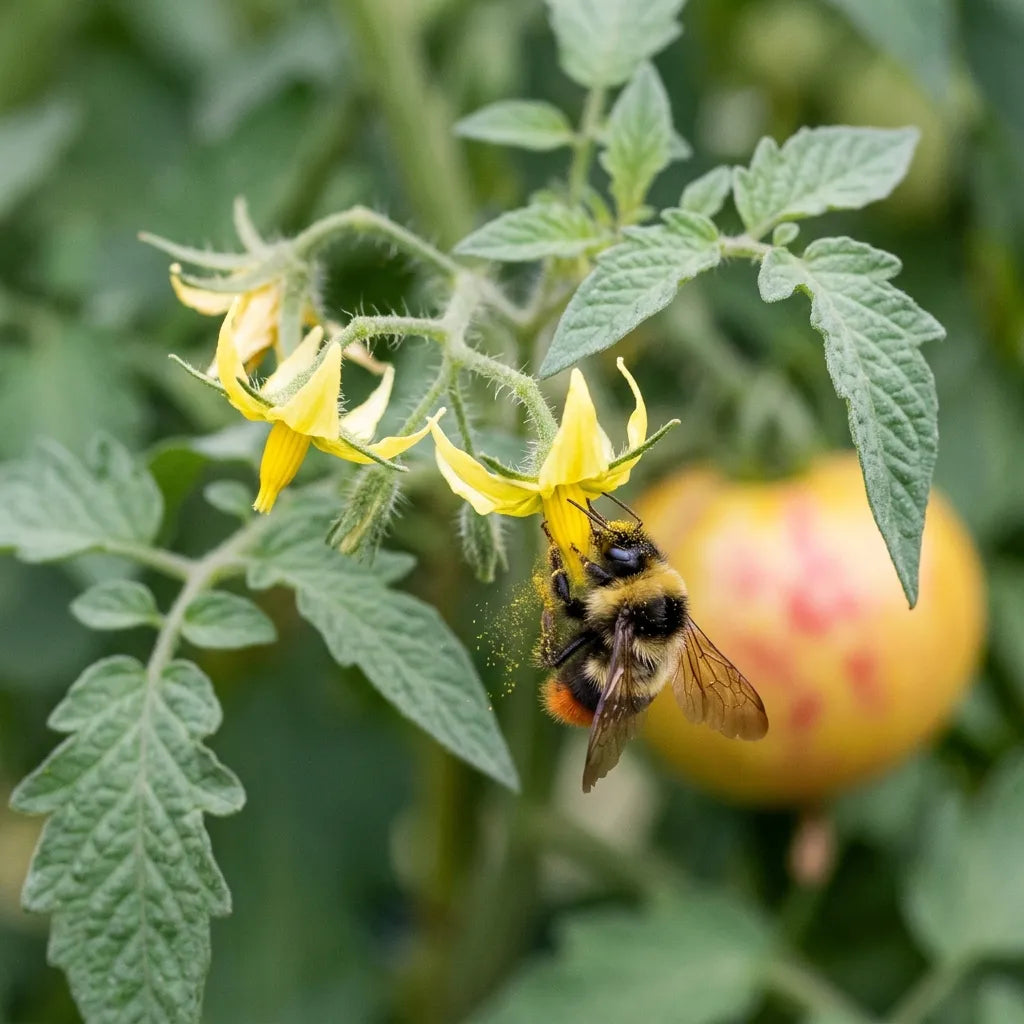 Bourdon des prés accroché sous une fleur de tomate, pollinisation vibratile libérant un nuage de pollen jaune — SemiSauvage