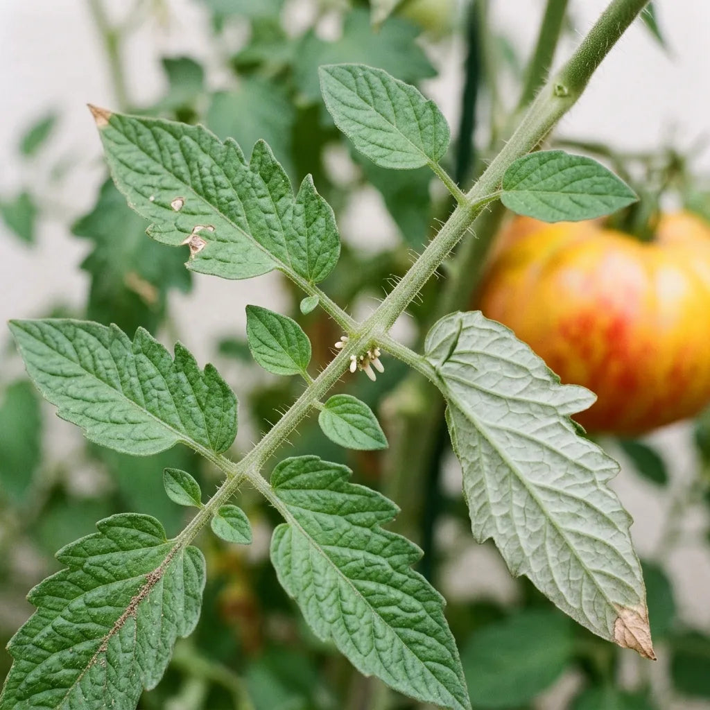 Feuille composée-imparipennée de Solanum lycopersicum à folioles très inégales et gaufrées, sur une tige velue et glanduleuse — SemiSauvage