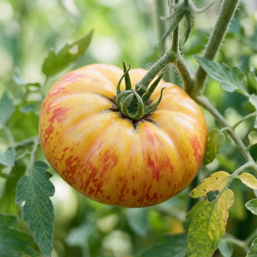 Macro d'un fruit mûr de tomate ananas sur le pied : épaules larges irrégulièrement côtelées et flammes rouges montant sur la peau jaune d'or — SemiSauvage