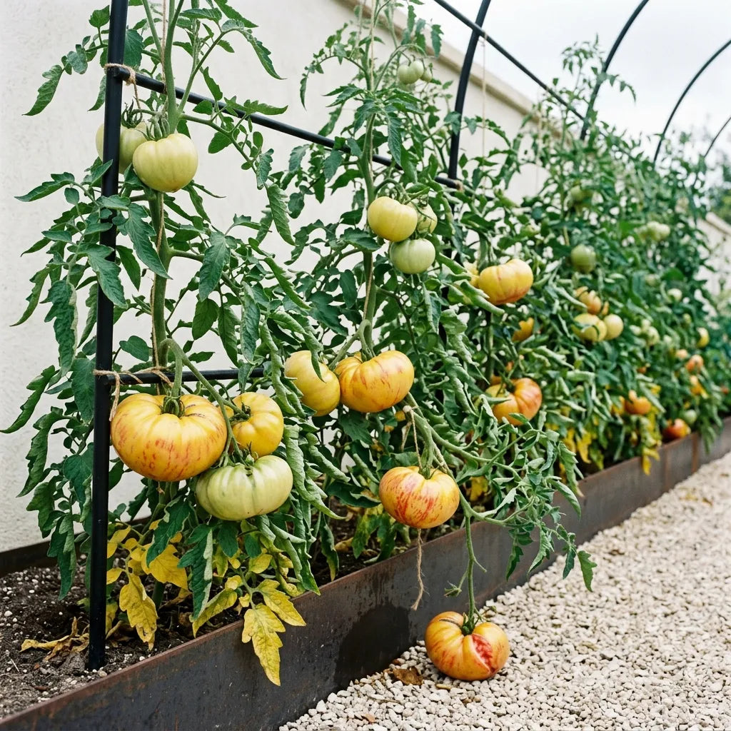Rang de tomates ananas palissé sur arceaux d'acier noir, bordure d'acier corten et allée de gravier calcaire clair — SemiSauvage