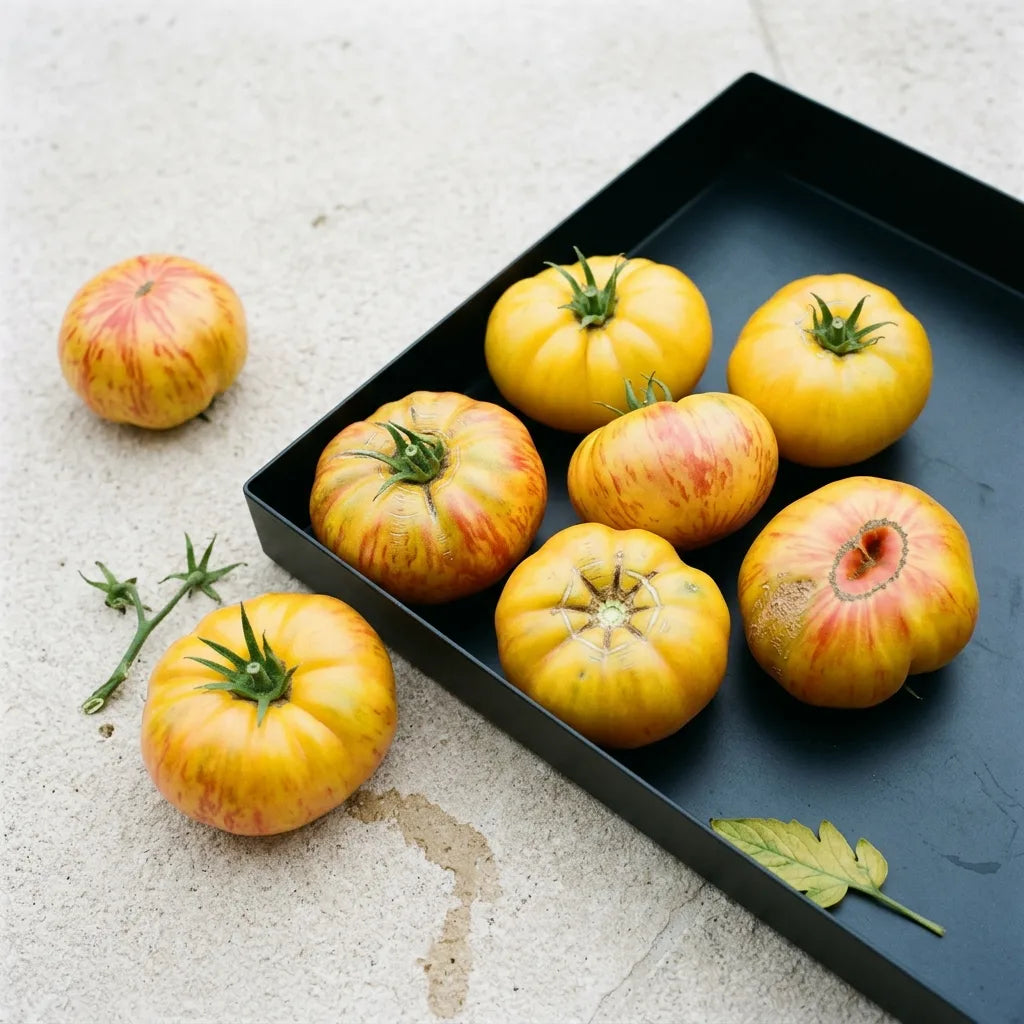 Récolte de tomates ananas dans un plateau d'acier noir mat posé sur une terrasse de pierre calcaire claire — SemiSauvage