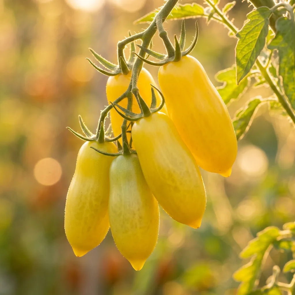 Grappe de tomates Banana Legs translucides à contre-jour au soleil couchant — SemiSauvage