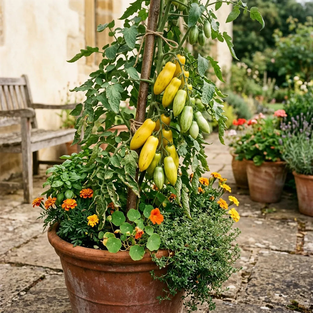 Tomate Banana Legs cultivée en grand pot de terre cuite dans une cour — SemiSauvage