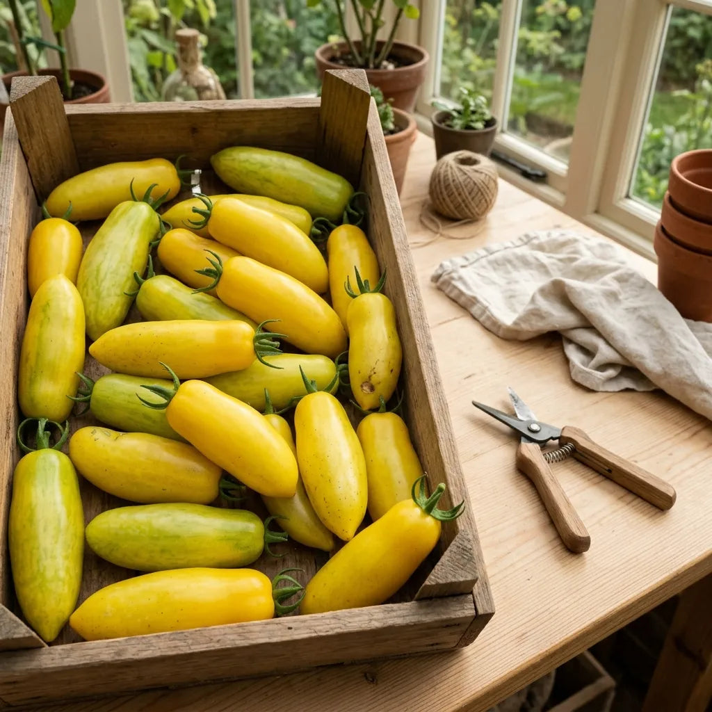 Récolte de tomates Banana Legs en cagette dans une véranda — SemiSauvage