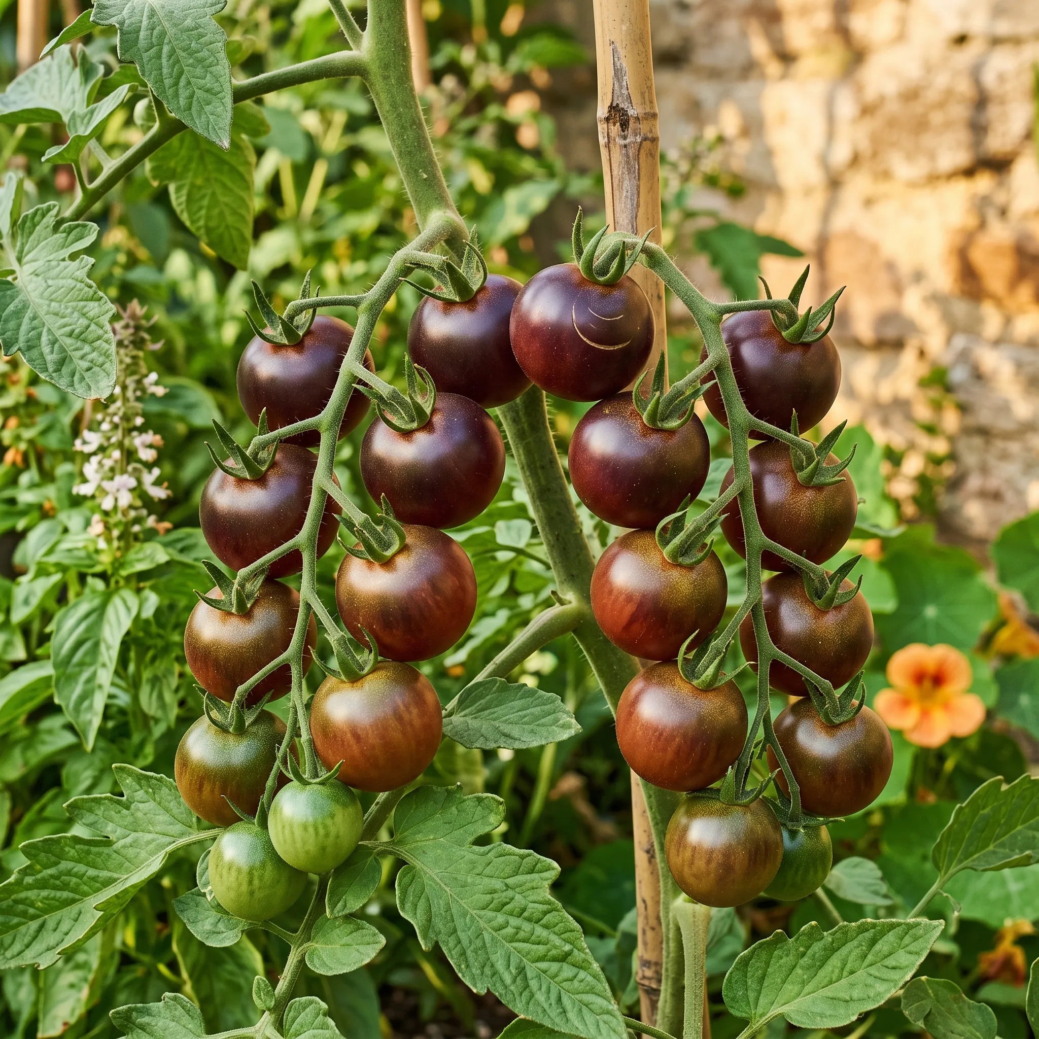 Grappe de tomates cerises Black Cherry brun-pourpre sur le plant au potager
