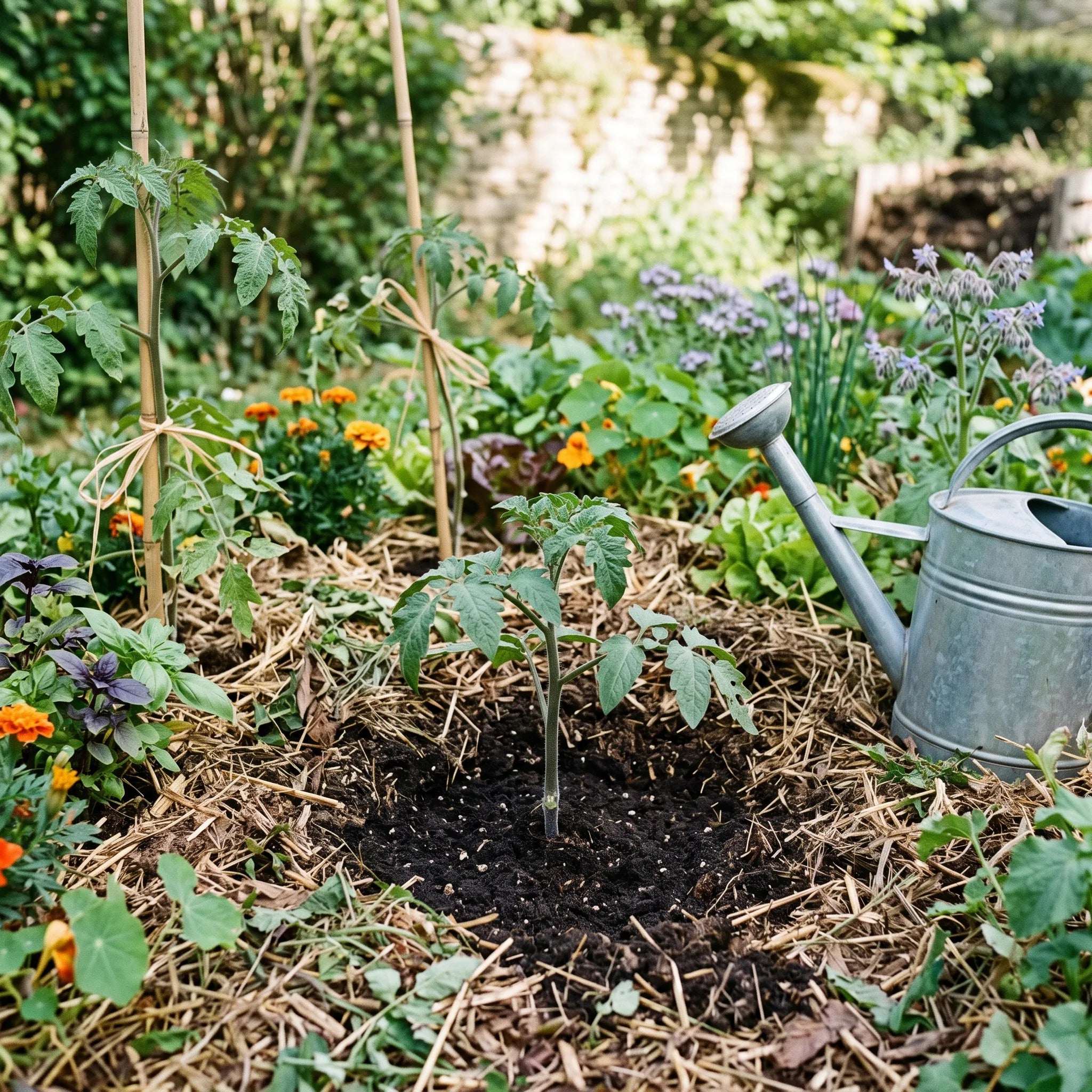 Plantation d'un jeune plant de tomate avec la tige enterrée jusqu'aux premières feuilles