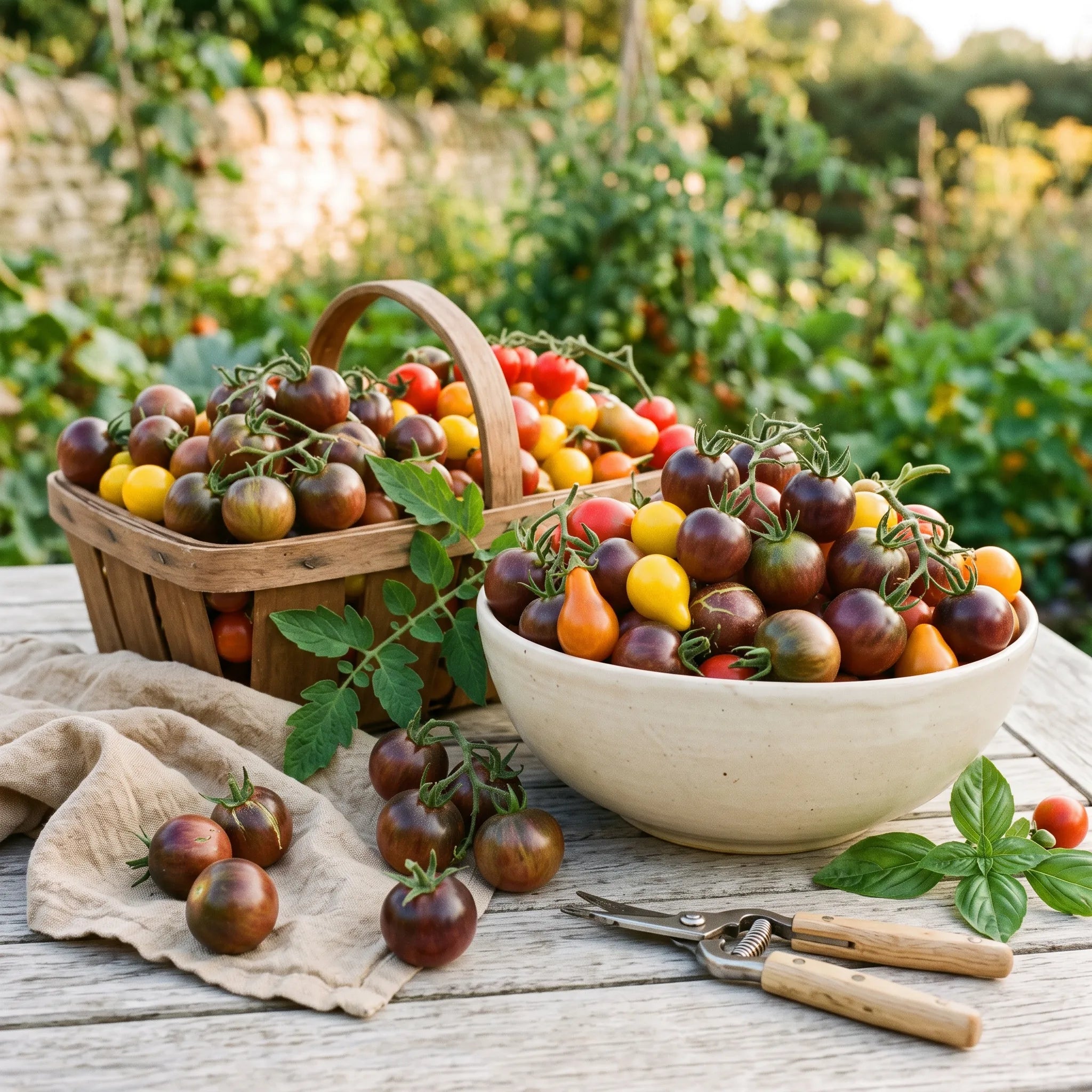 Récolte de tomates cerises Black Cherry mêlées à des variétés jaunes et rouges