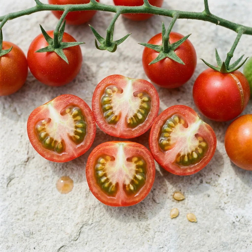 Macro de tomates cerises coupées en deux : deux loges seulement, gelée translucide, petits pépins beiges et paroi rouge mince — SemiSauvage