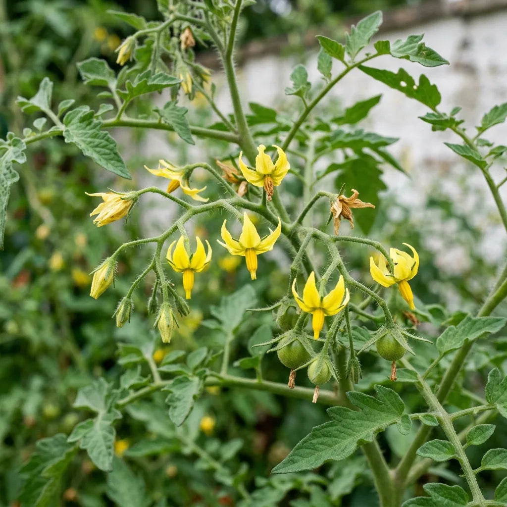 Longue grappe florale ramifiée de tomate cerise : corolles jaunes à lobes recourbés, cône d'étamines soudé et premiers fruits noués — SemiSauvage