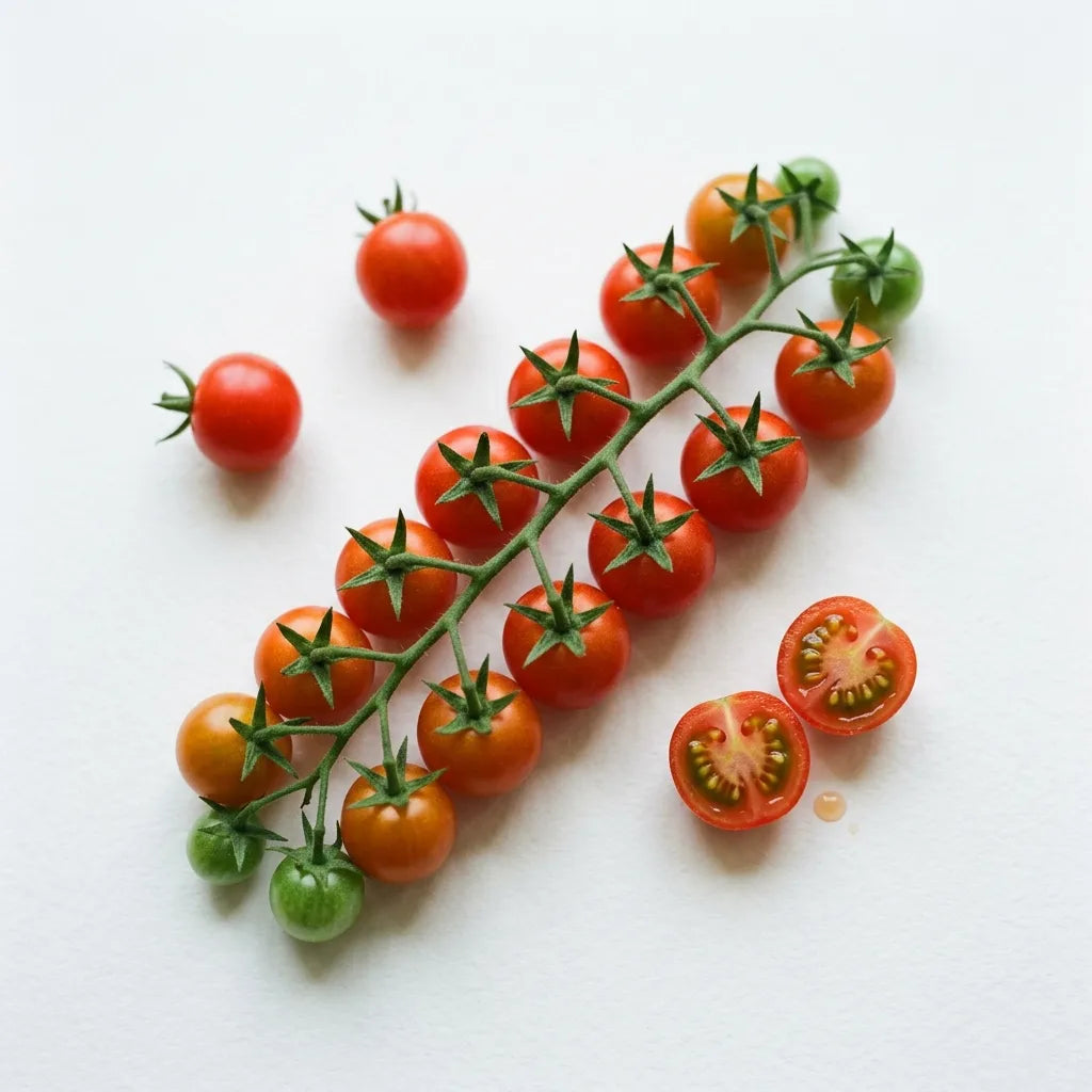 Longue grappe ramifiée de tomates cerises rouges à tous les stades, avec un fruit coupé en deux montrant ses deux loges, sur fond blanc — SemiSauvage