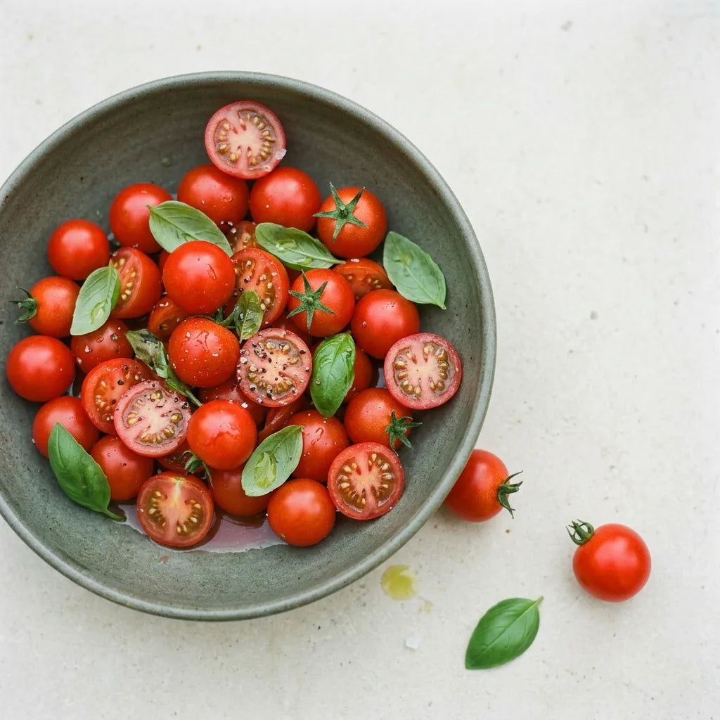 Salade de tomates cerises crues, entières et coupées, au basilic, à l'huile d'olive et à la fleur de sel dans un bol de grès — SemiSauvage