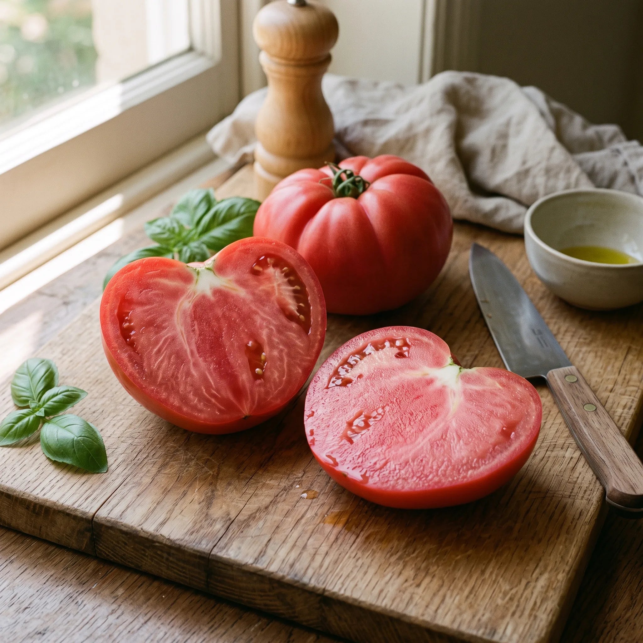 Coupe d'une tomate Cœur de Bœuf montrant sa chair dense et ses rares loges