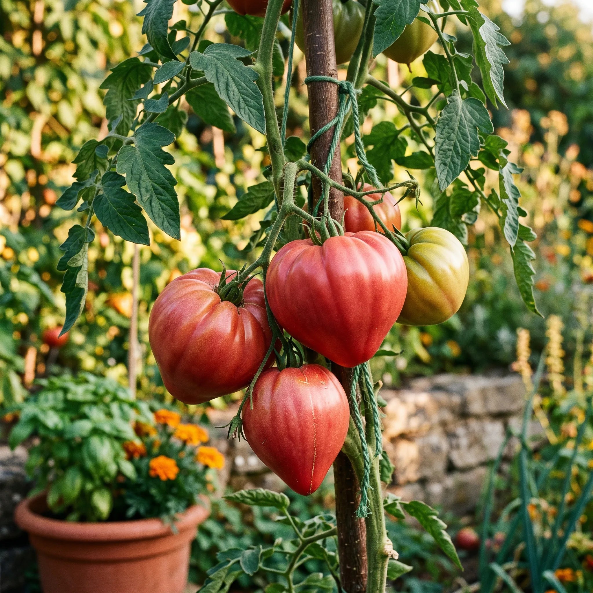Gros fruits en forme de cœur de la tomate Cœur de Bœuf sur le pied au potager