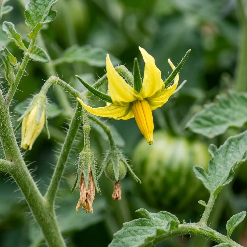 Fleur de tomate vue de profil : corolle jaune à lobes recourbés et cône d'étamines soudé pointant vers le bas — SemiSauvage