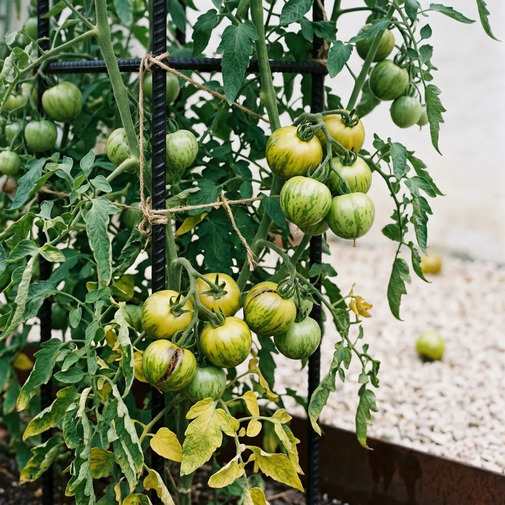 Pied de tomate Green Zebra palissé sur tringle d'acier noir au potager, bouquets de fruits verts zébrés à divers stades — SemiSauvage