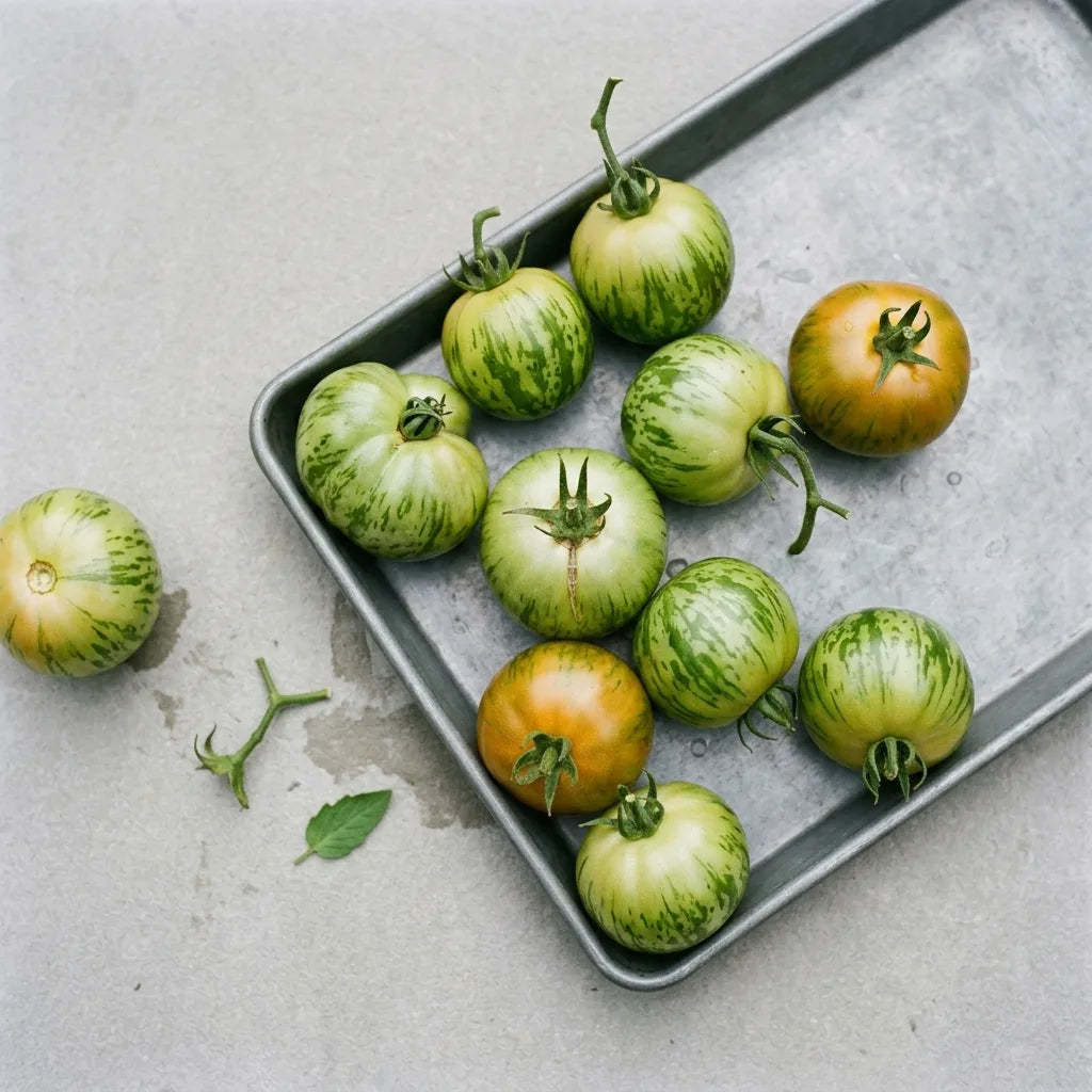 Récolte de tomates Green Zebra sur un plateau de zinc mat, fruits à divers degrés de maturité — SemiSauvage