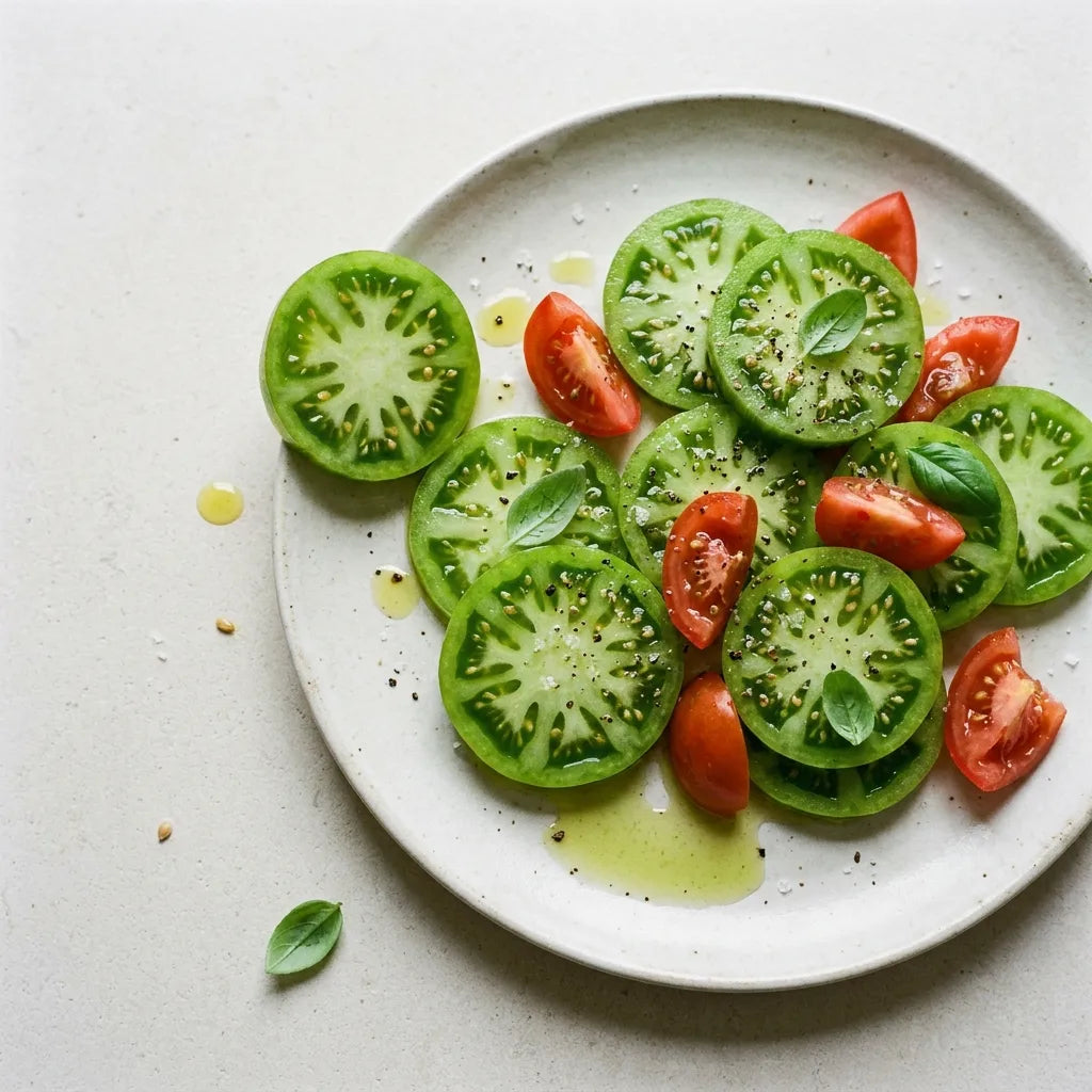 Salade crue de tranches de Green Zebra et de quartiers de tomate rouge, huile d'olive, fleur de sel et basilic — SemiSauvage