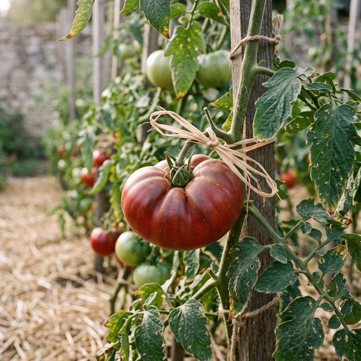 Fruit porte-graines de tomate Marmande selectionne sur le pied et repere par un ruban de raphia