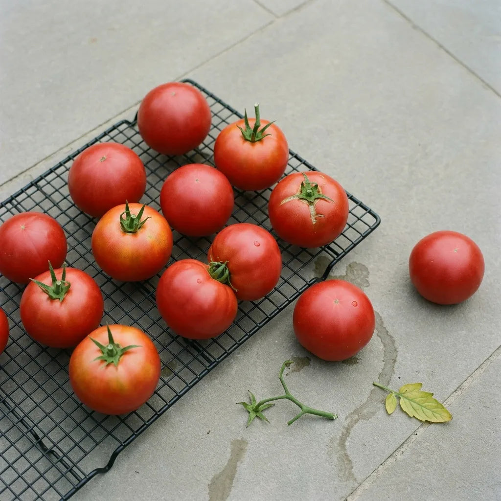 Récolte de tomates Merveille des Marchés sur une claie d'acier noir mat, posée sur une terrasse de pierre calcaire — SemiSauvage