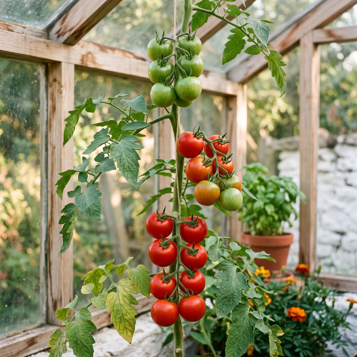 Grappes régulières de tomates Moneymaker rouges sous serre