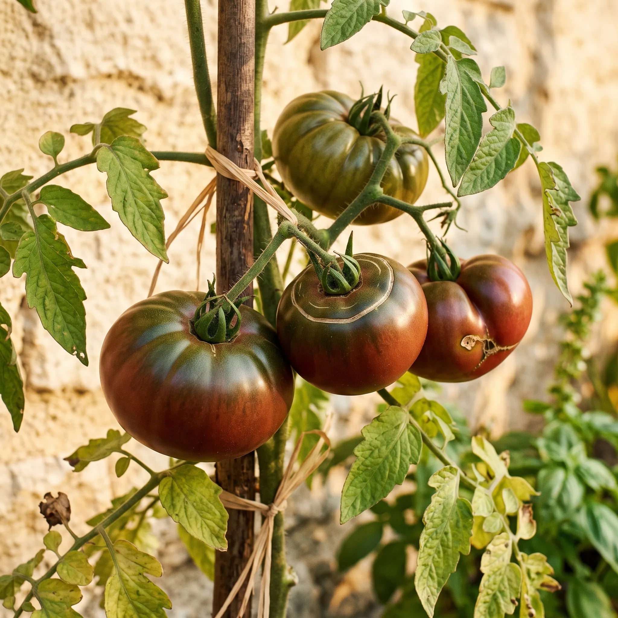Fruits brun acajou de la tomate Noire de Crimée sur le pied contre un mur de pierre