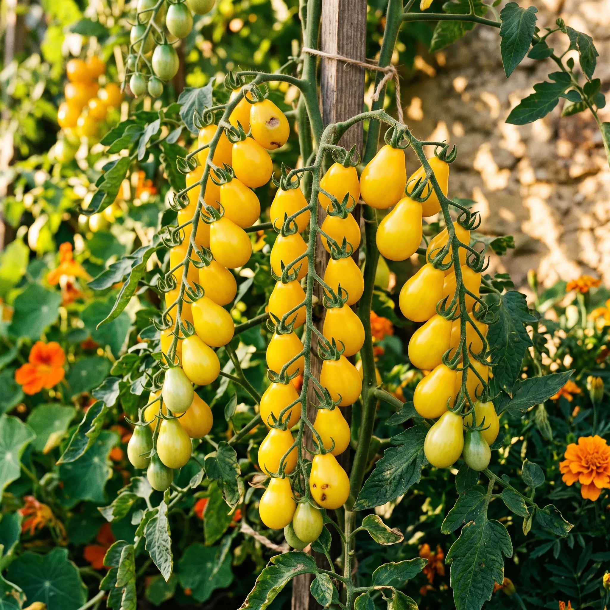 Longues grappes de tomates cerises Poire Jaune sur le plant au potager