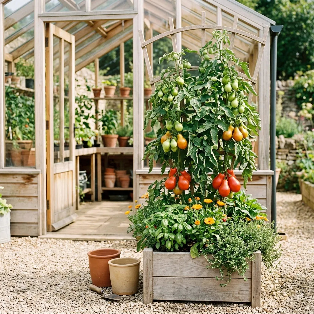 Tomate Red Pear cultivée en bac de bois sur une terrasse devant une serre