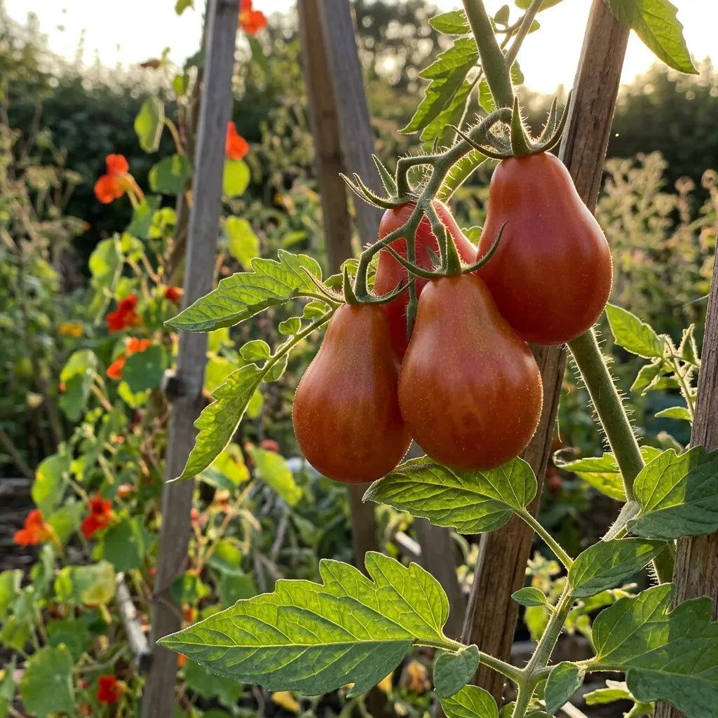 Grappe de tomates Red Pear en contre-jour au potager, en fin de journée