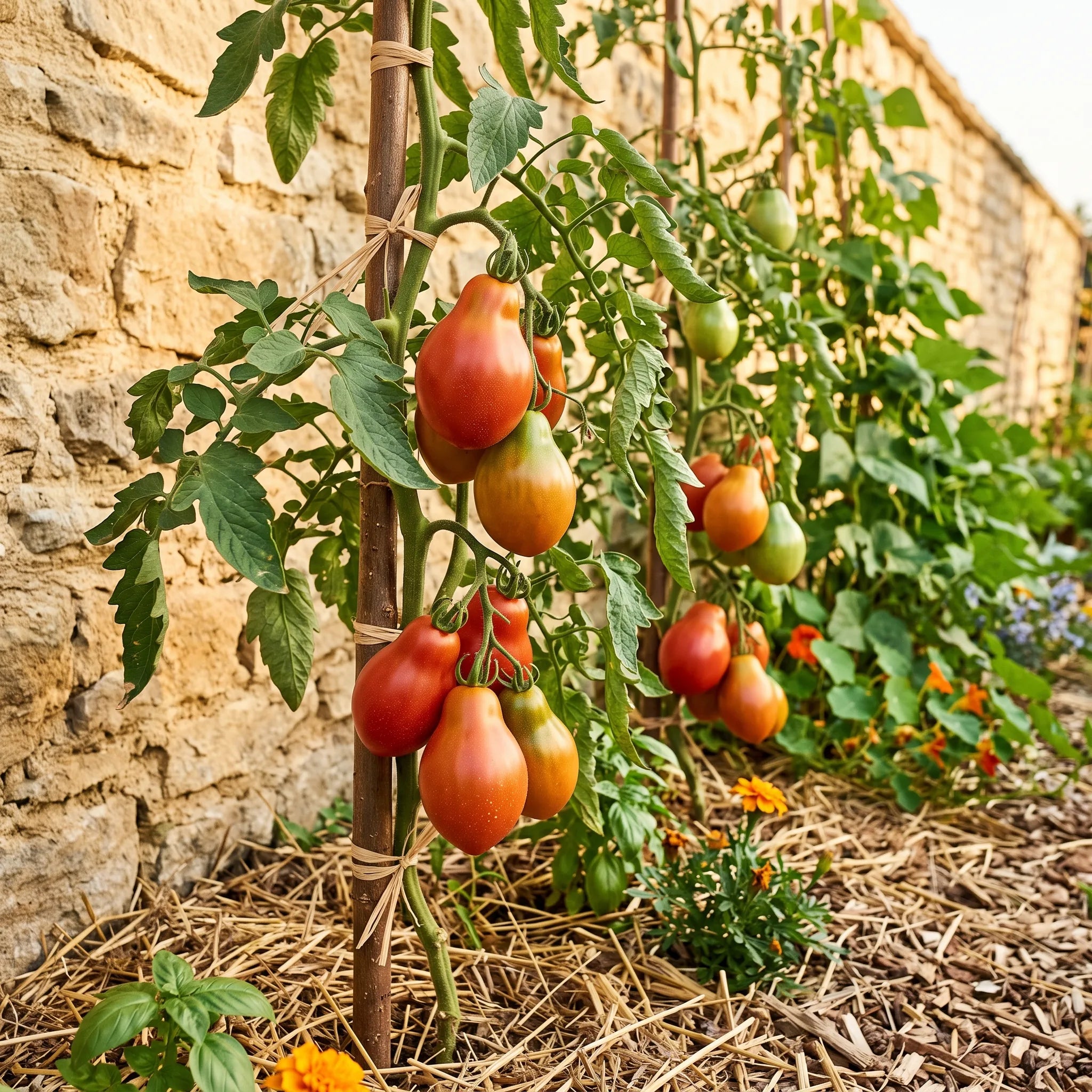Pied de tomate Red Pear palissé le long d'un mur de pierre au potager