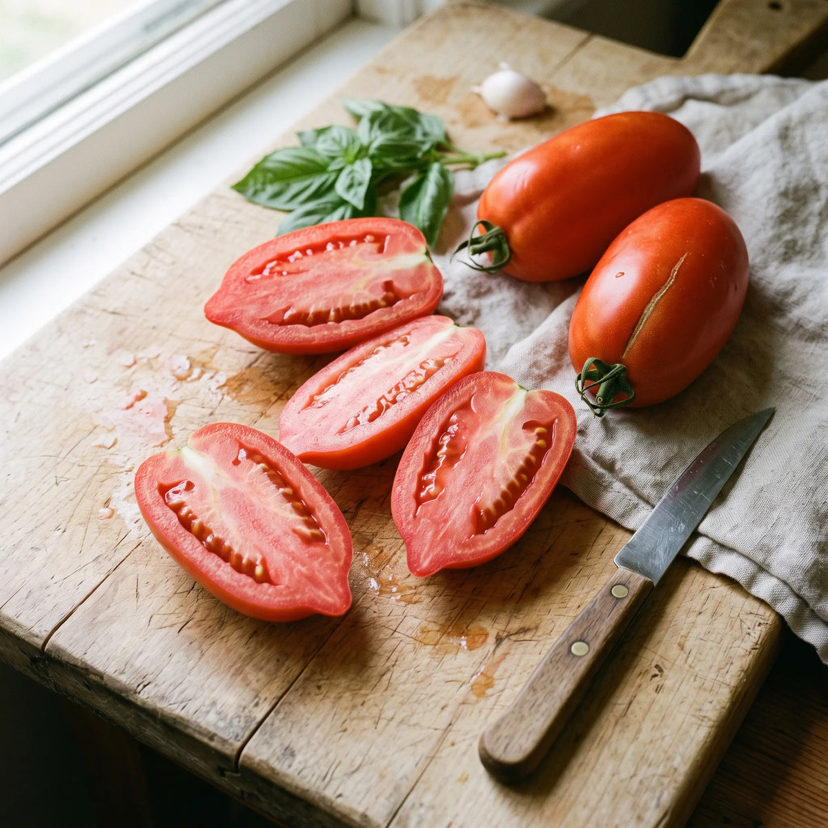 Tomates Roma fendues en deux montrant leur chair épaisse et peu juteuse
