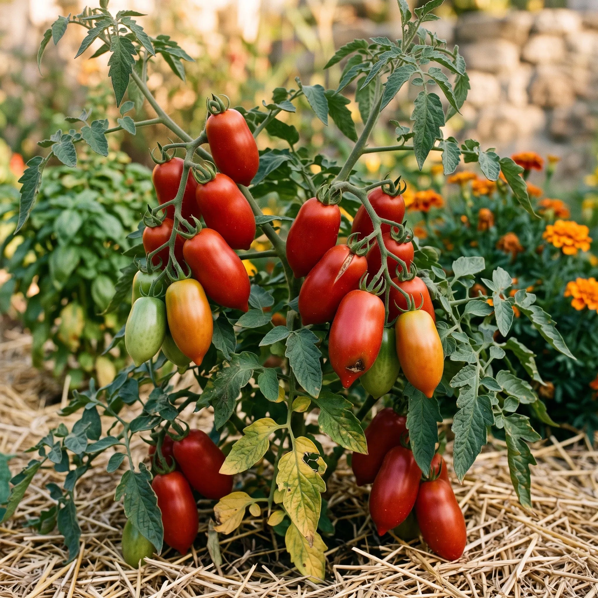 Grappes de tomates Roma allongées sur le pied au potager