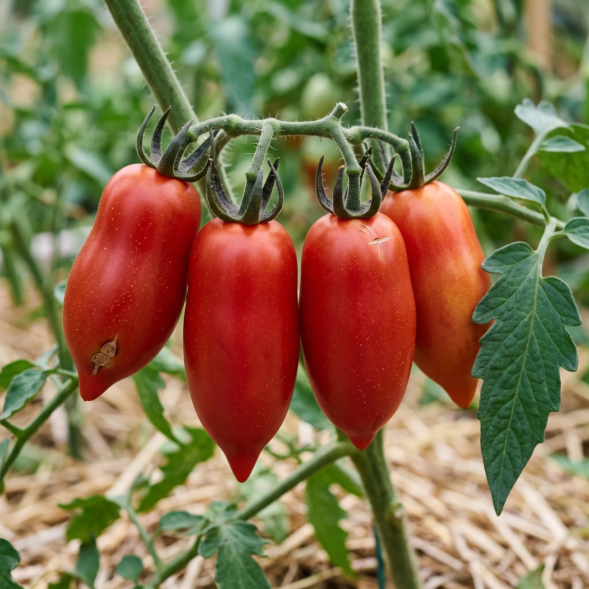 Gros plan sur la forme allongée et le mamelon pointu de la tomate Roma