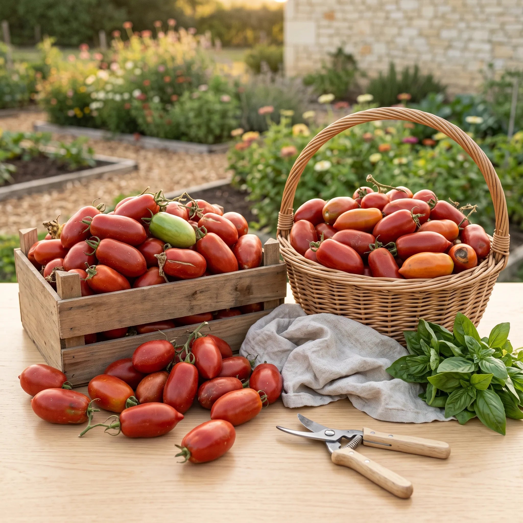 Récolte abondante de tomates Roma en cageot et en panier
