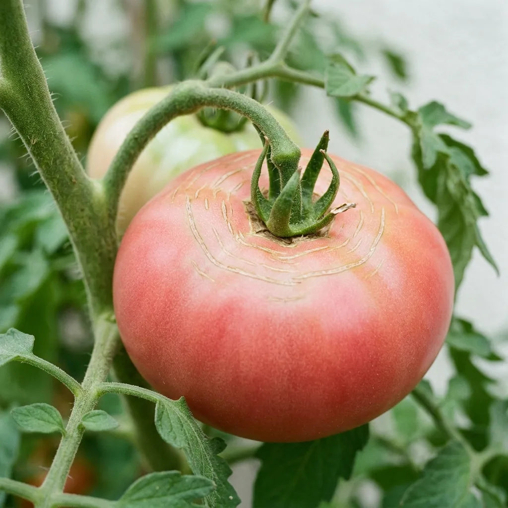 Macro d'un fruit de Rose de Berne sur le pied : peau très fine, rose mat, et fines craquelures concentriques à l'épaule — SemiSauvage
