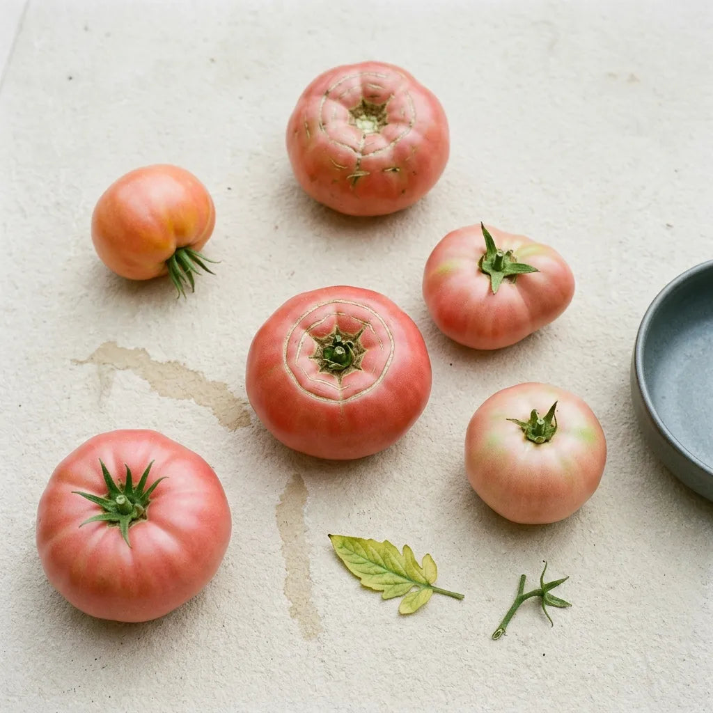 Récolte de tomates Rose de Berne posées en une seule couche et espacées sur la pierre, leur peau fine se marquant au moindre choc — SemiSauvage