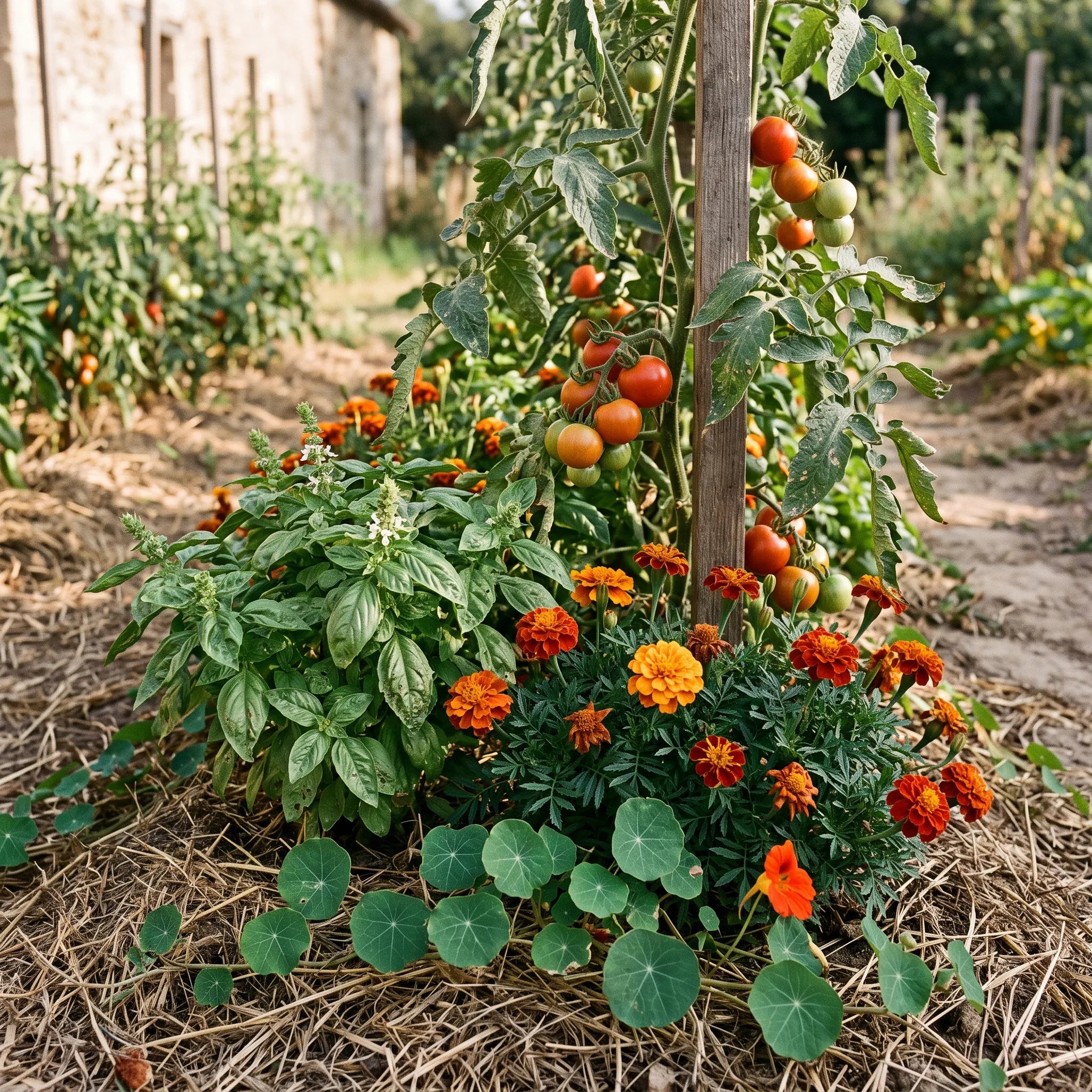 Tomate Saint-Pierre associee au basilic, aux oeillets d Inde et a la capucine naine