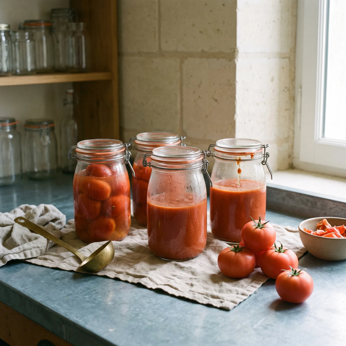 Bocaux de coulis et de tomates entieres Saint-Pierre en conserve sur un plan de travail en zinc