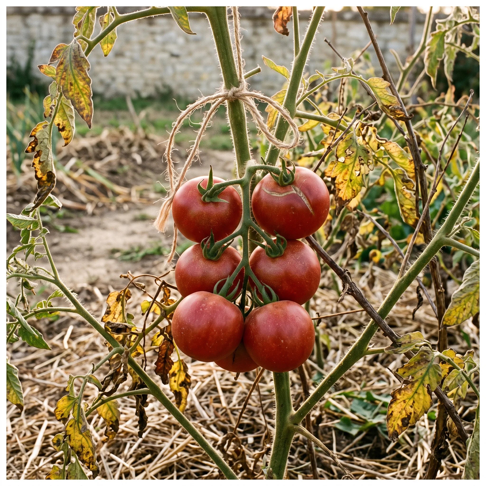 Grappe porte-graines de tomate Saint-Pierre laissee sur le pied et reperee par une ficelle de jute