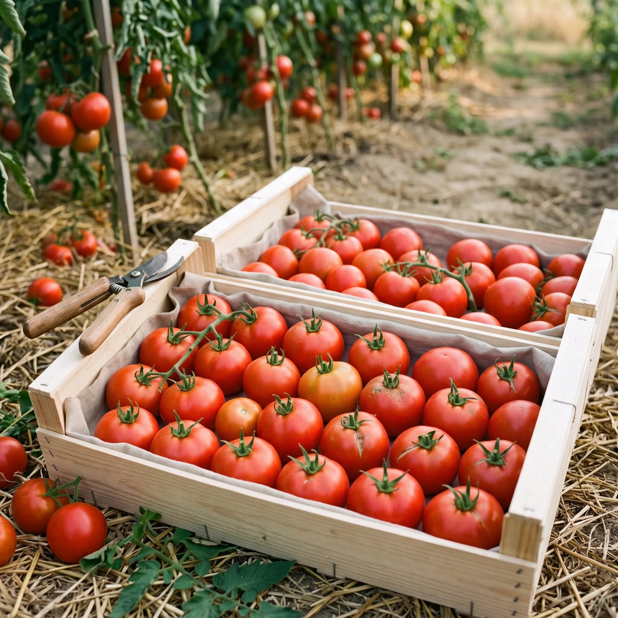 Recolte abondante de tomates Saint-Pierre en cagettes de bois au potager