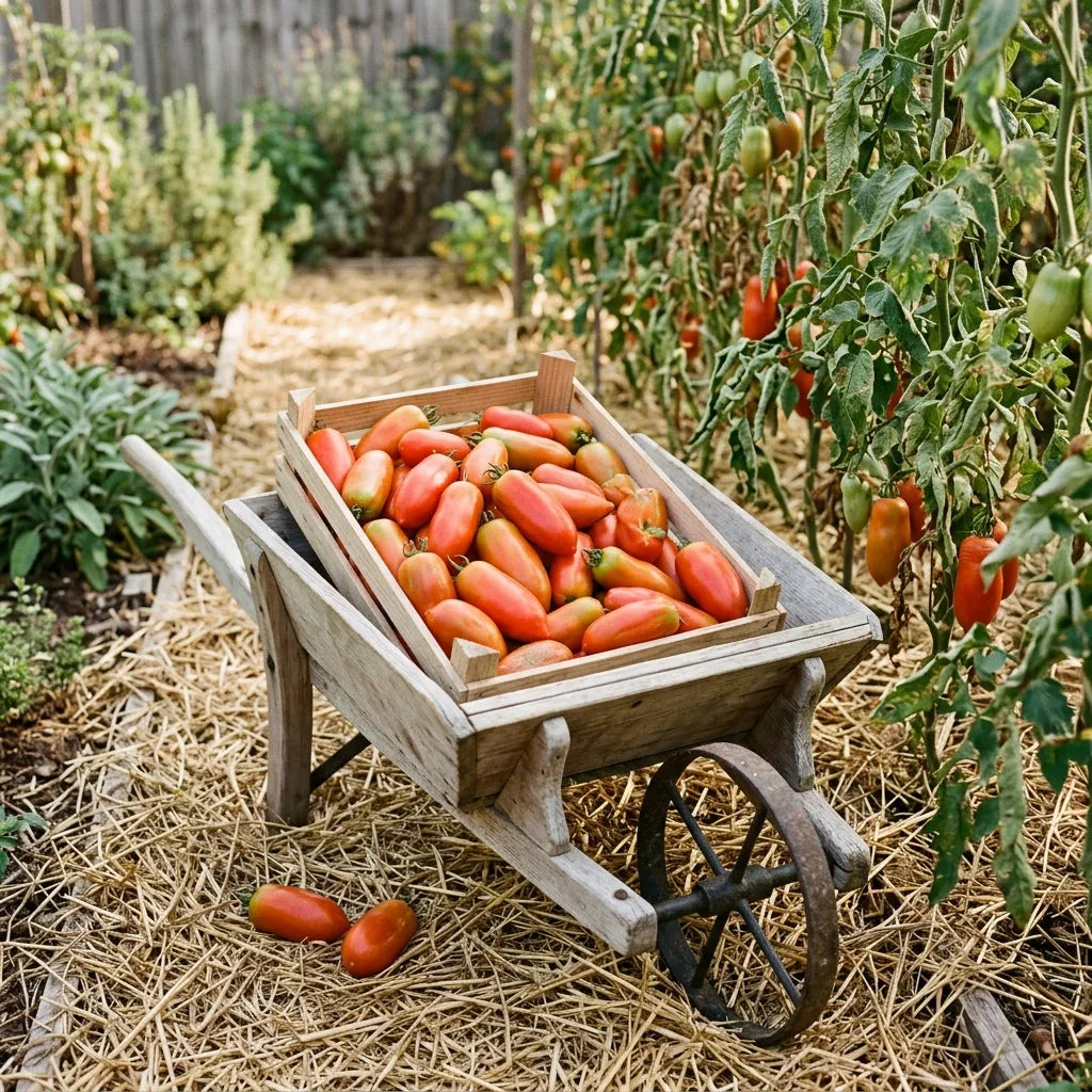 Cagette de tomates San Marzano récoltées dans une brouette au potager