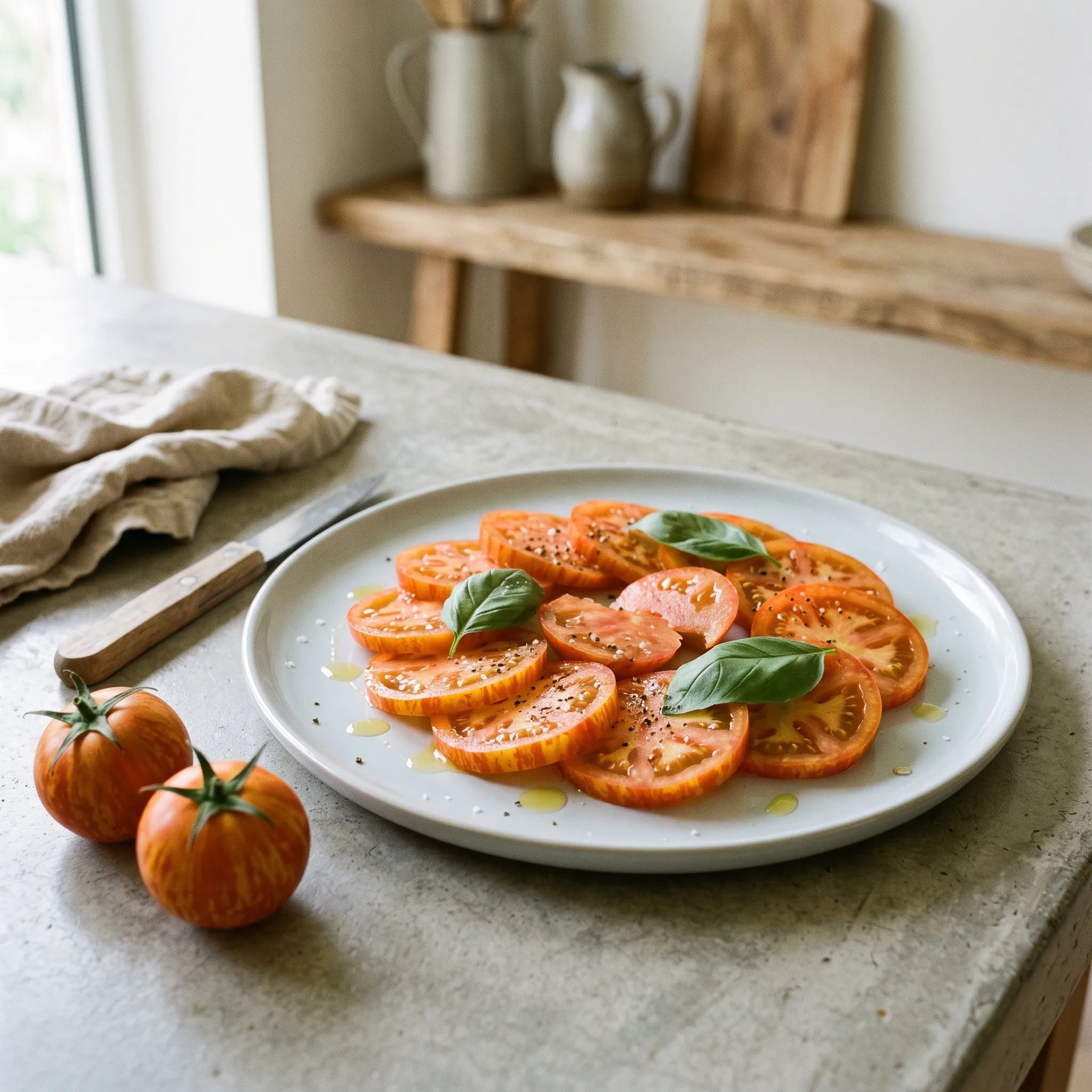 Carpaccio de tomate Tigerella, rondelles zebrees a l huile d olive et au basilic