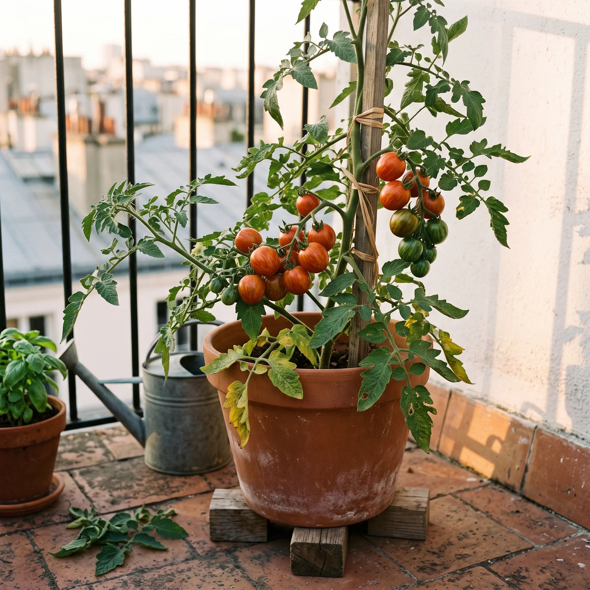 Tomate Tigerella cultivee en grand pot de terre cuite sur une terrasse
