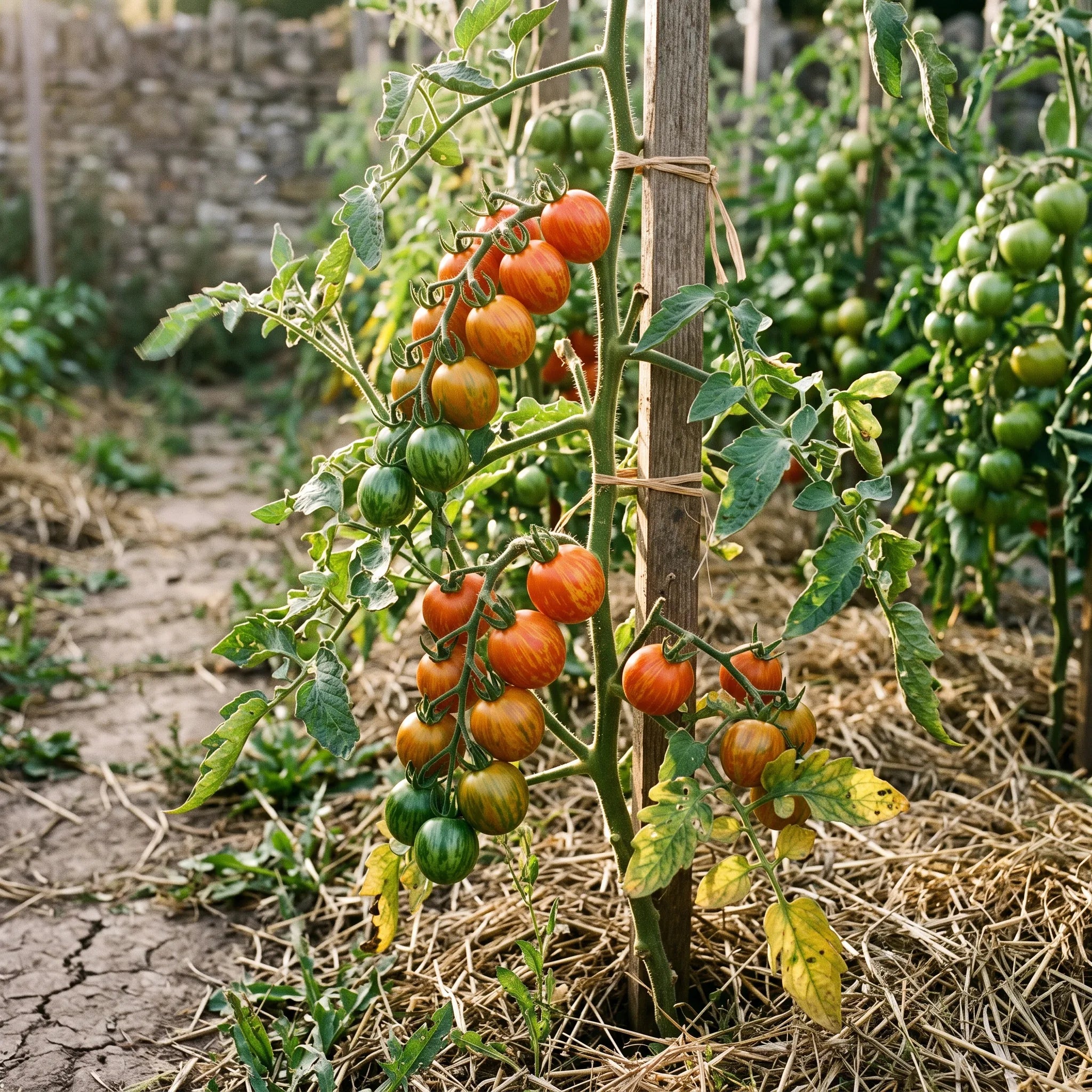 Pied de tomate Tigerella au potager, grappes zebrees a tous les stades de maturite