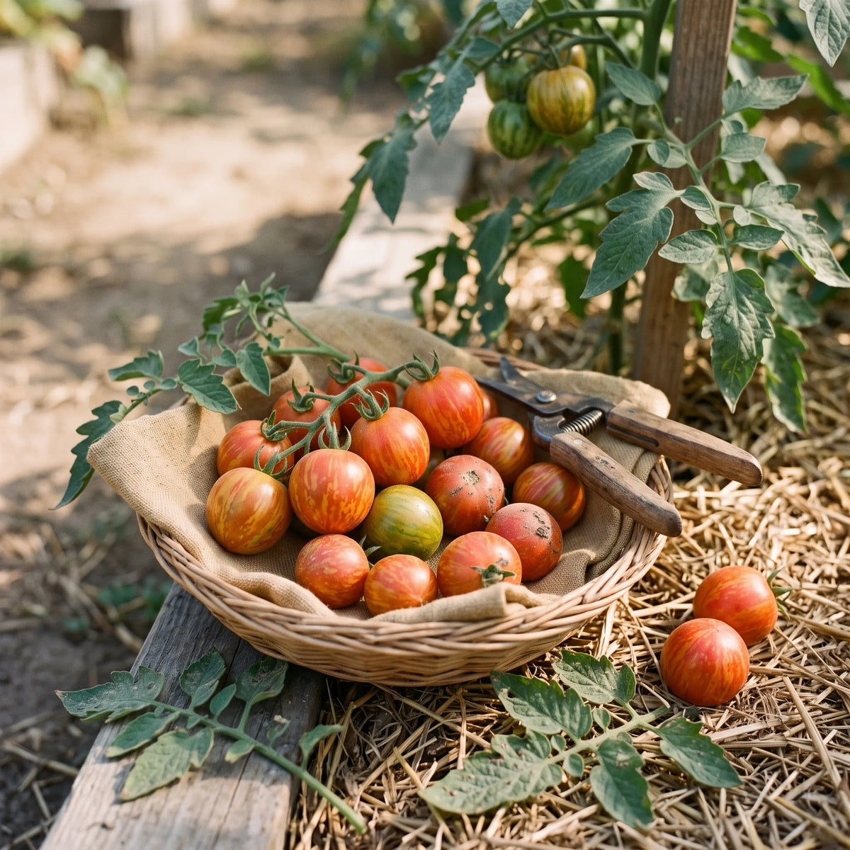 Premiere recolte de la saison de tomates Tigerella dans un petit panier d osier